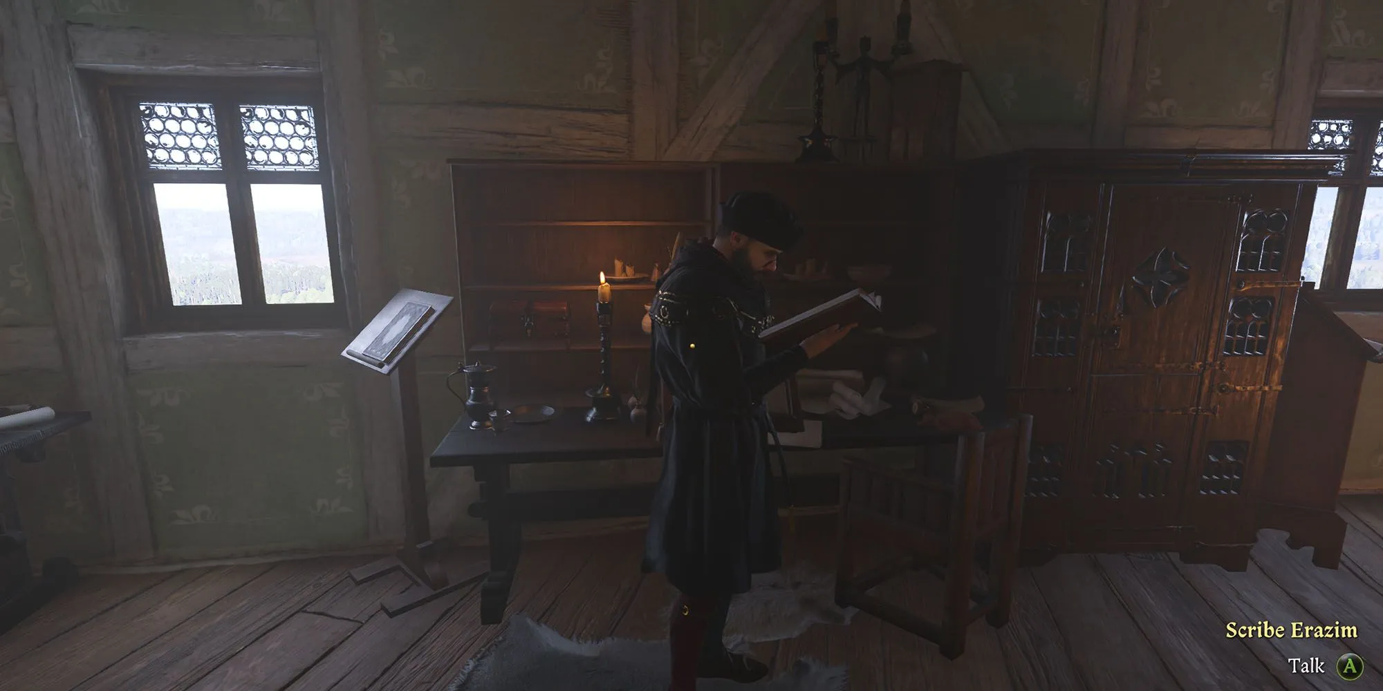 Henry nói chuyện với Người ghi chép Erazim về cuốn sách dạy giả kim thuật trong Kingdom Come Deliverance 2