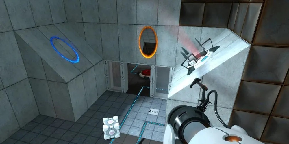Hình ảnh Chell cầm Portal Gun trong game giải đố Portal
