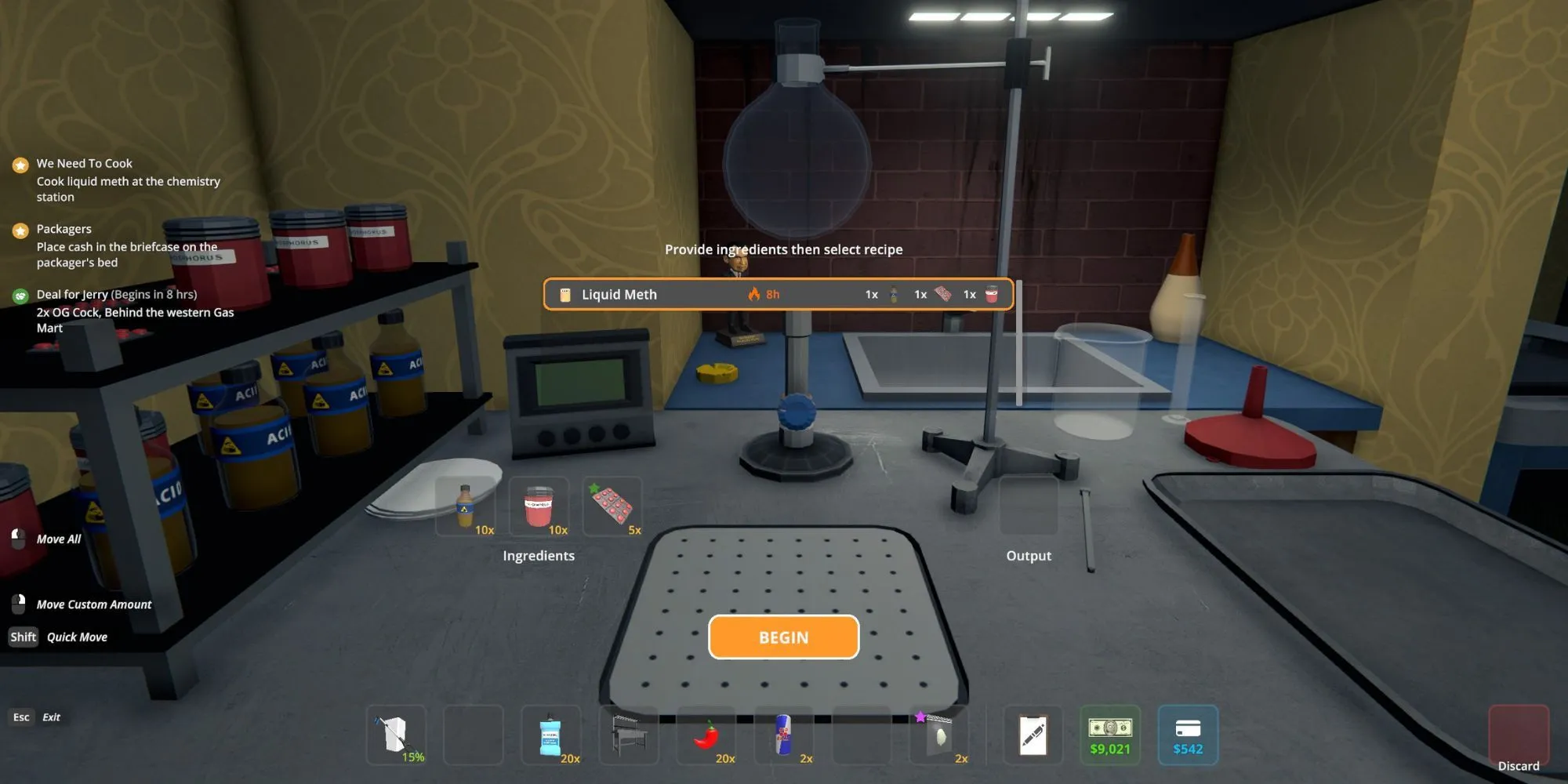 Hình ảnh gameplay Schedule I: Meth dạng lỏng trong bình tam giác tại Trạm Hóa học trong quá trình nấu