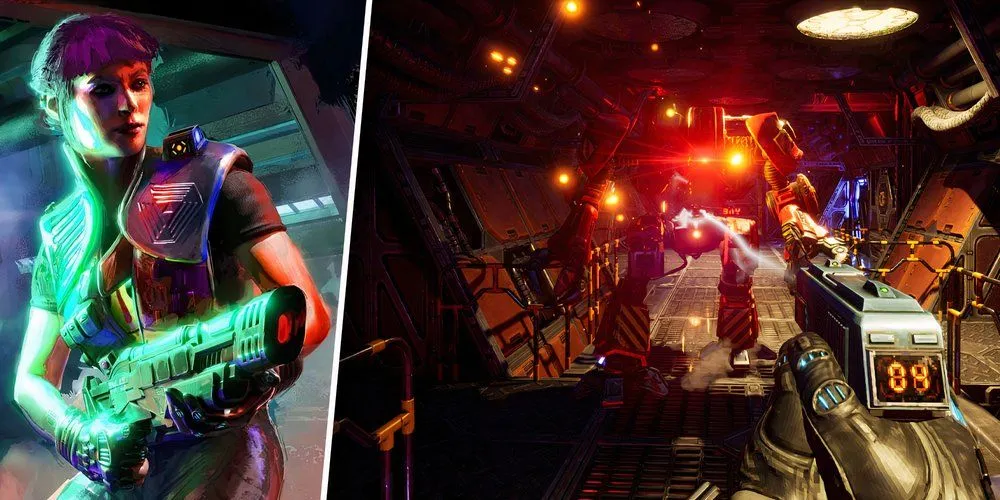 hình ảnh từ bản làm lại System Shock năm 2023, một game kinh dị khoa học viễn tưởng góc nhìn thứ nhất