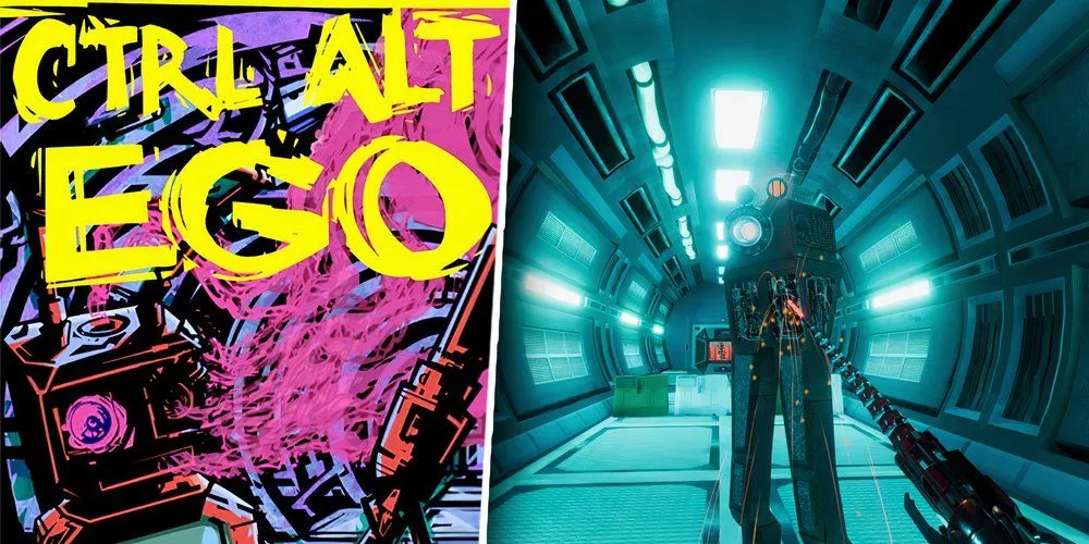 hình ảnh từ game Ctrl Alt Ego với góc nhìn thứ nhất và môi trường retro-futuristic