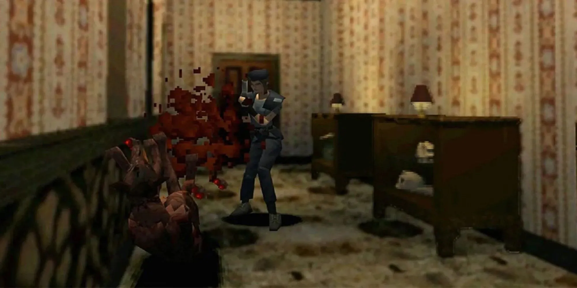 Jill Valentine trong Resident Evil bản gốc đang nhắm bắn một zombie trong dinh thự Spencer