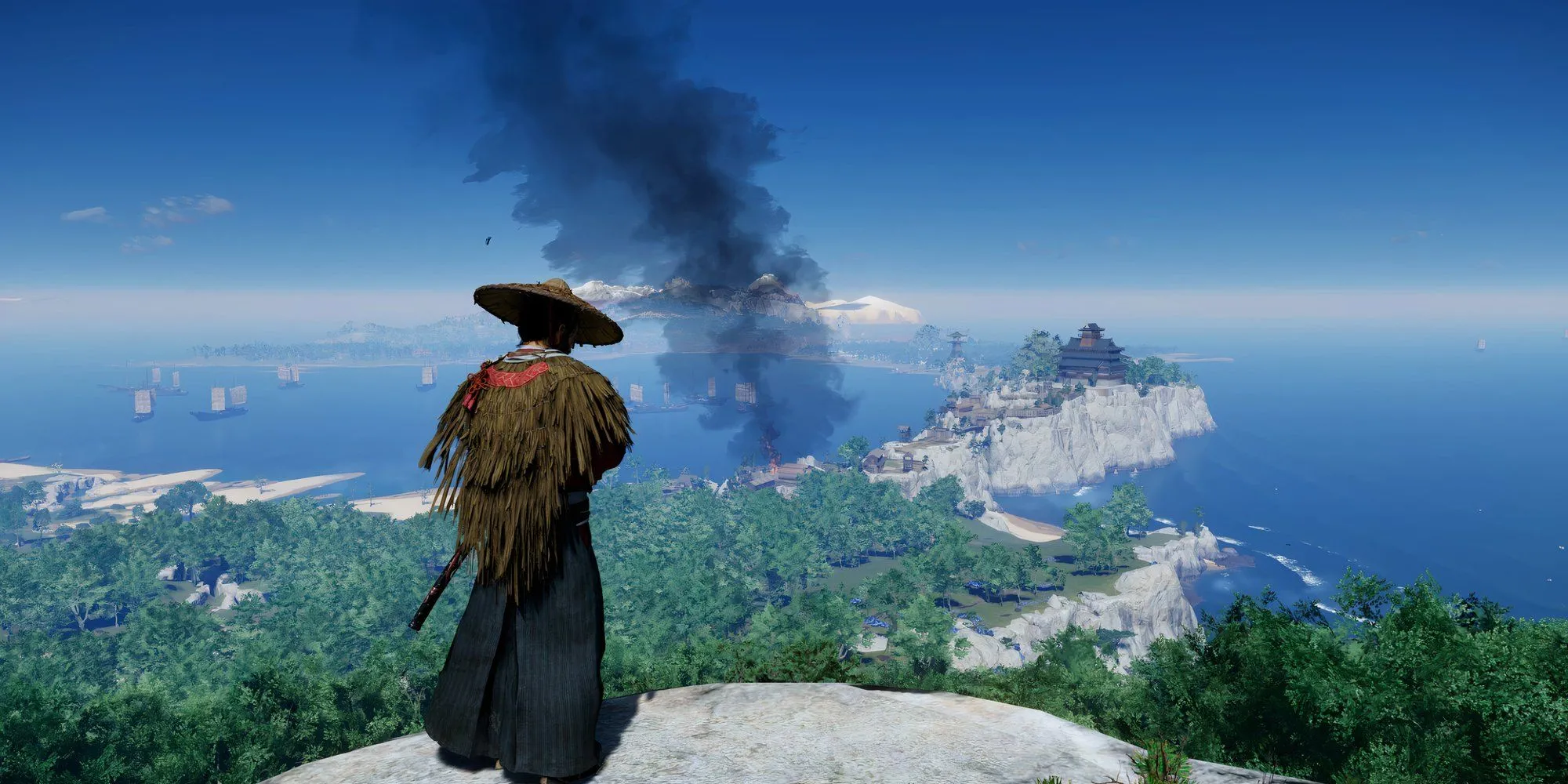 Jin Sakai đứng trên vách đá nhìn xuống trong Ghost of Tsushima