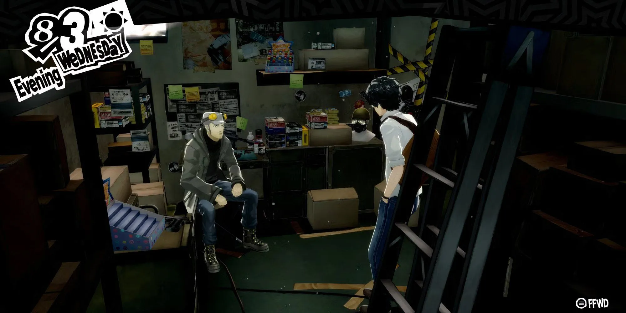 Joker bước vào cửa hàng Untouchable để bắt đầu cuộc trò chuyện tăng hạng Confidant với Iwai trong Persona 5 Royal