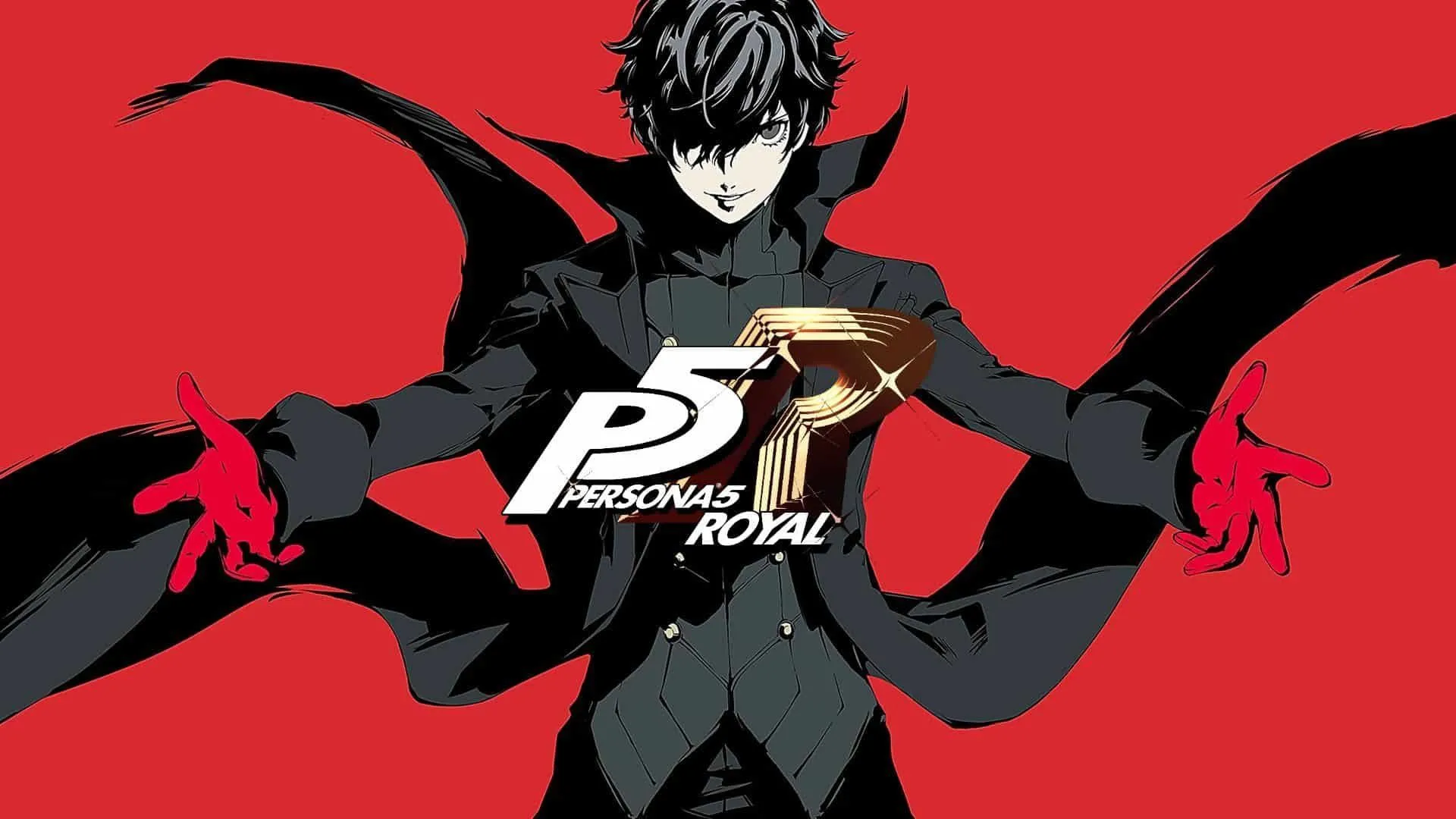 Joker từ Persona 5 Royal dang tay với logo đỏ ở giữa