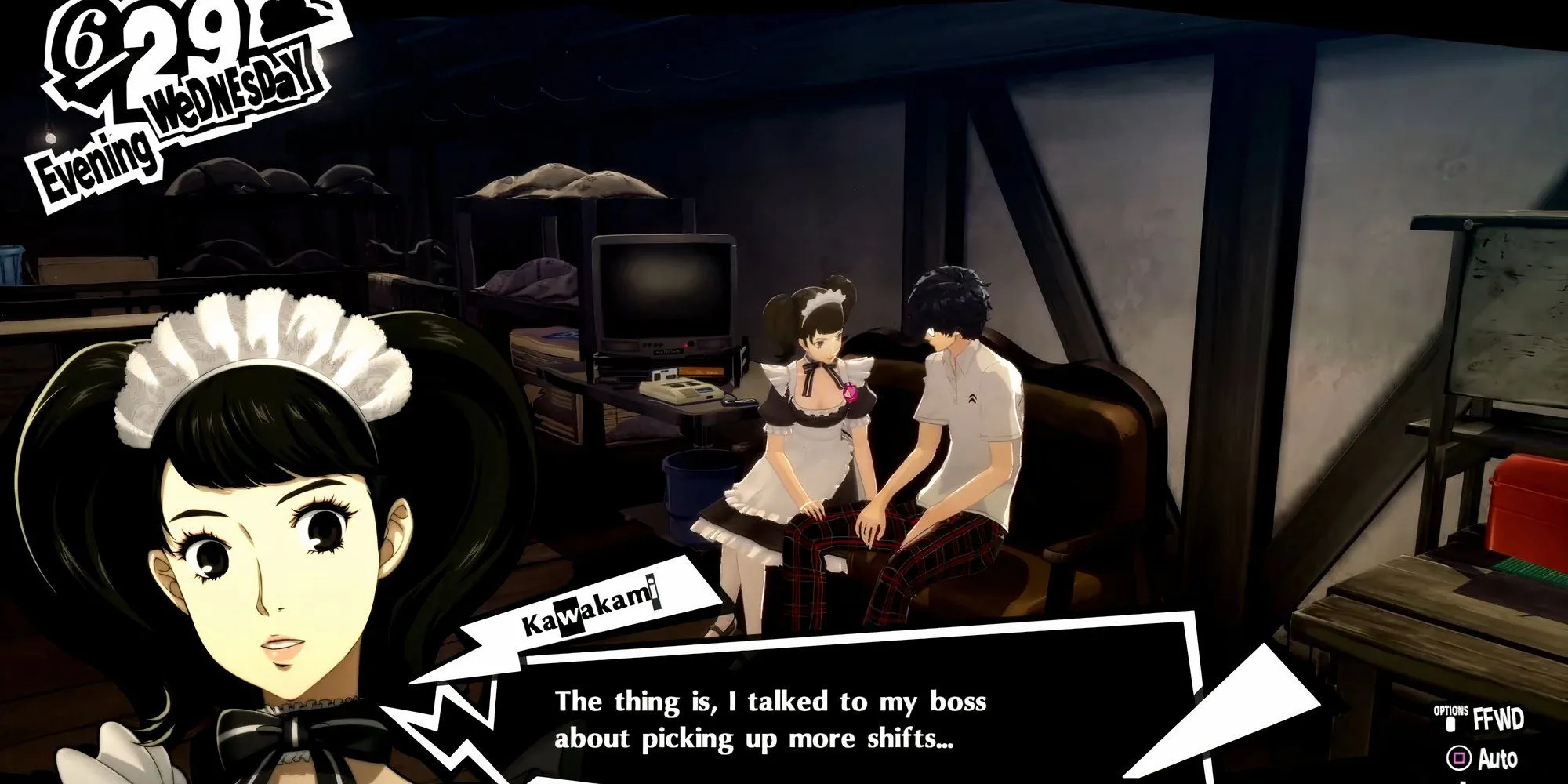 Joker và cô giáo Kawakami ngồi cạnh nhau trong quán cafe Leblanc Persona 5 Royal