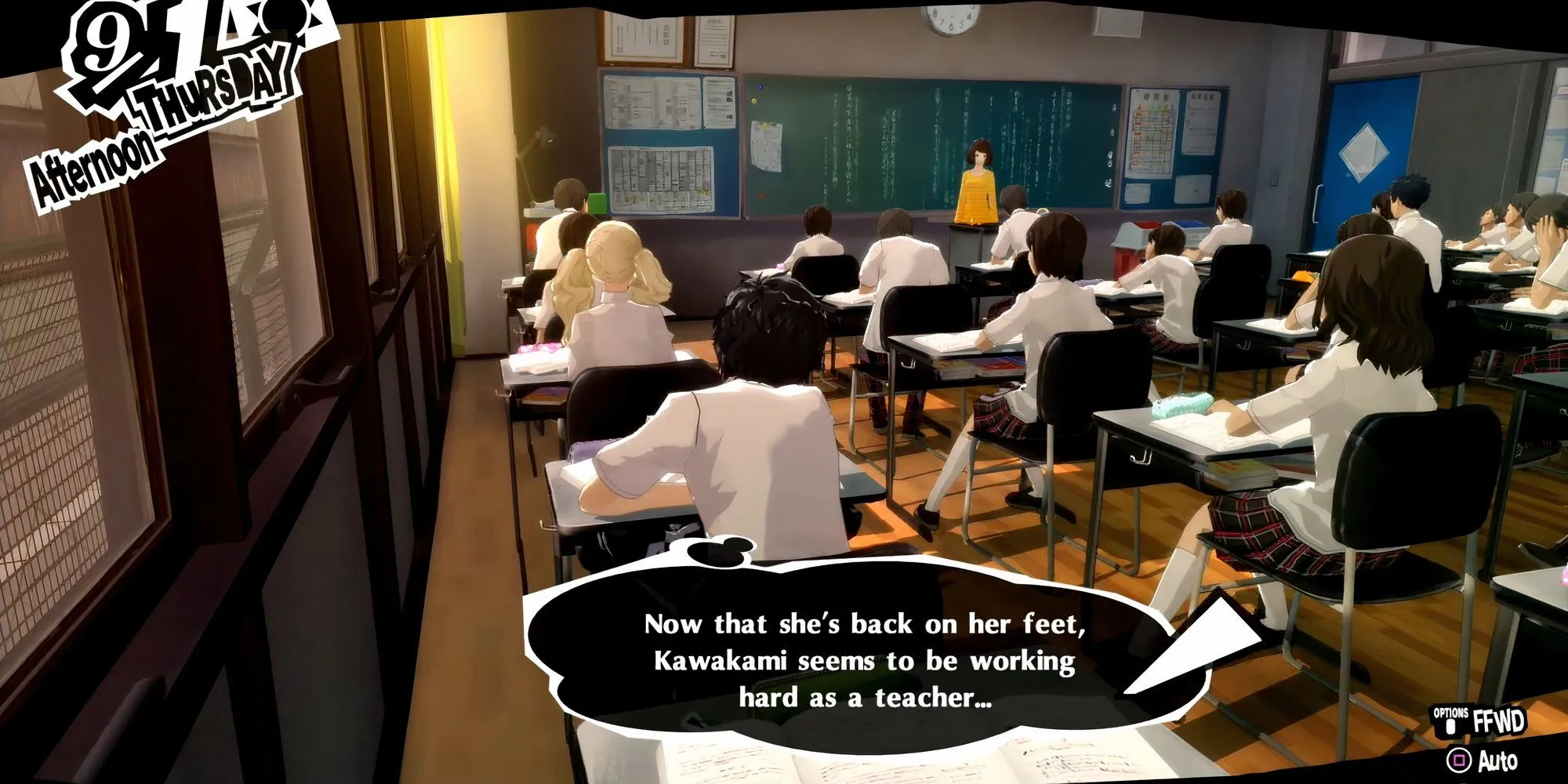 Joker và cô giáo Kawakami ngồi trong phòng Joker ở Leblanc, kết thúc Confidant tuyến tình bạn trong Persona 5 Royal