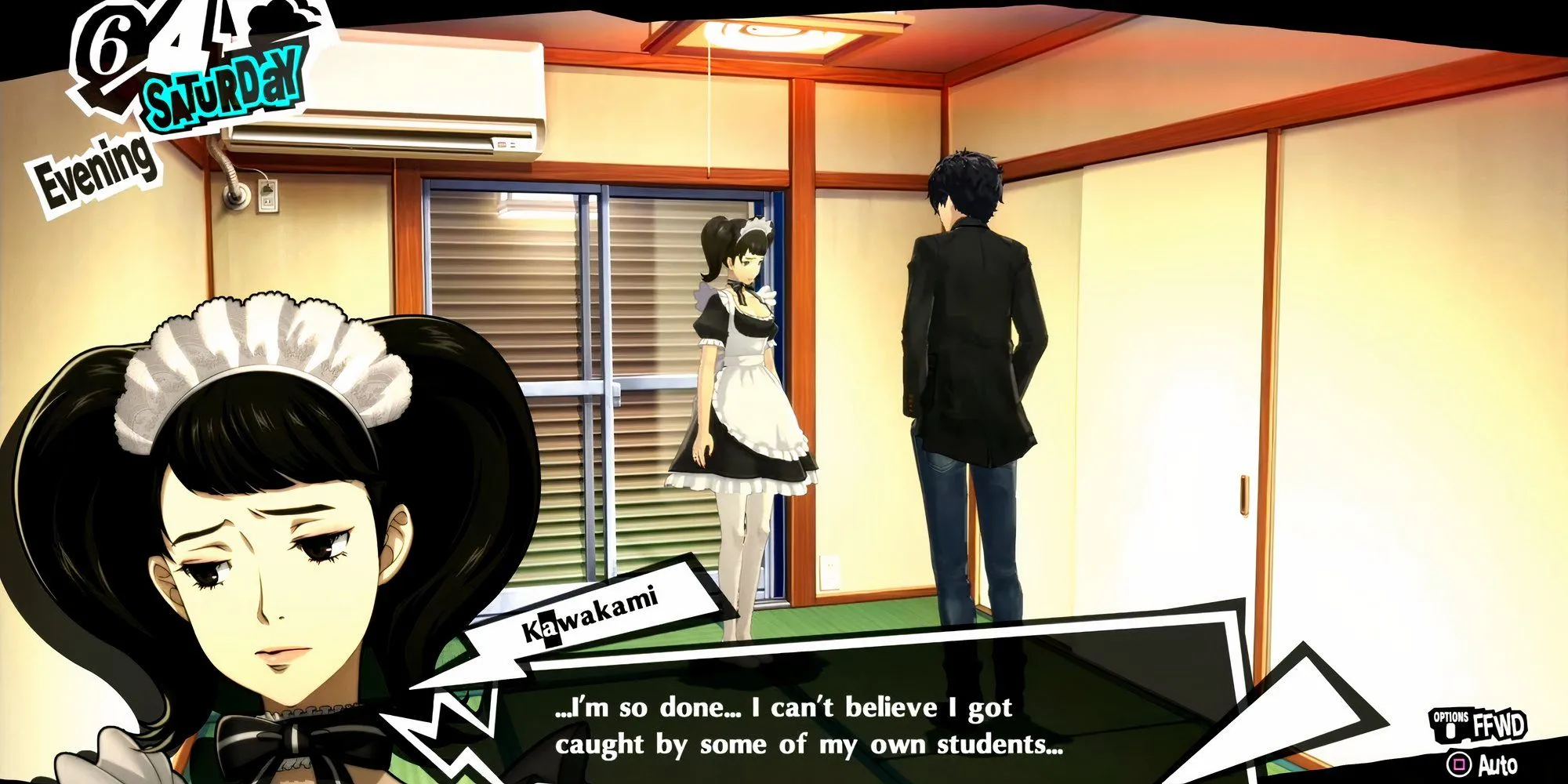 Joker và cô giáo Kawakami trong quán cafe Leblanc vào buổi tối trong Persona 5 Royal