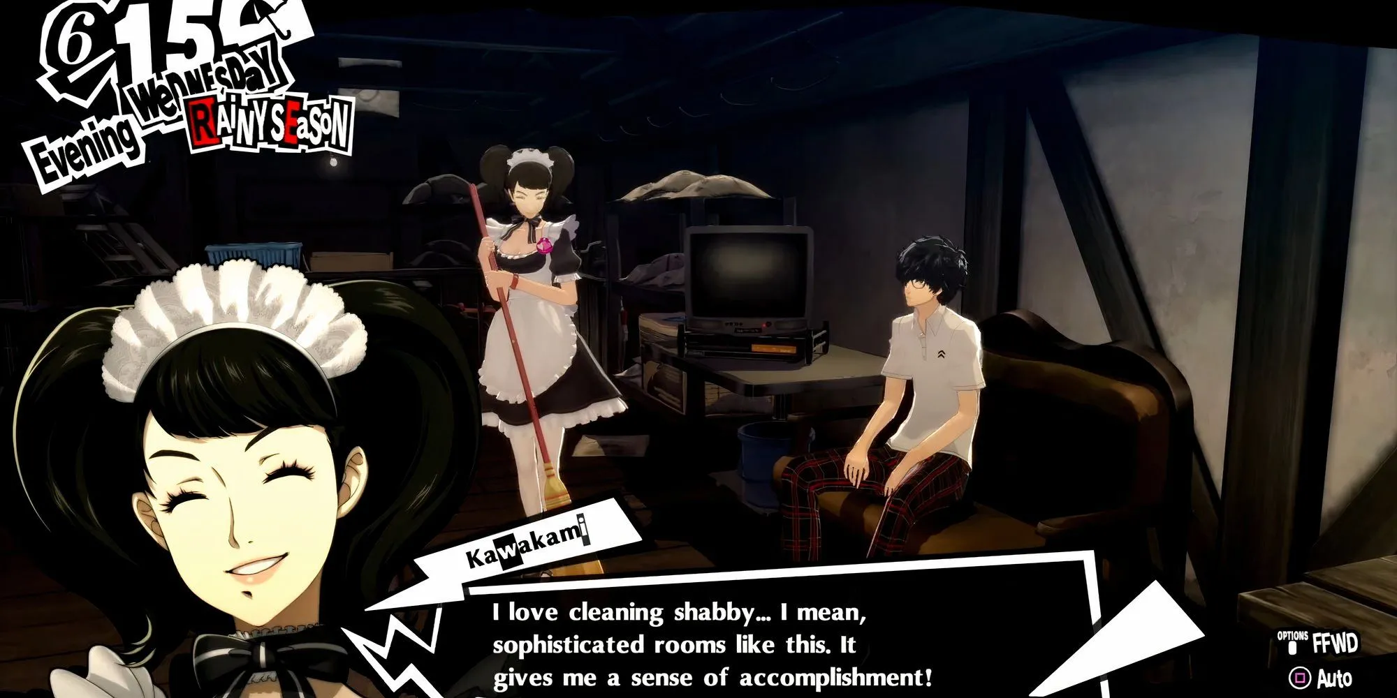 Kawakami làm việc nhà trong vai trò hầu gái cho Joker tại quán cafe Leblanc trong Persona 5 Royal