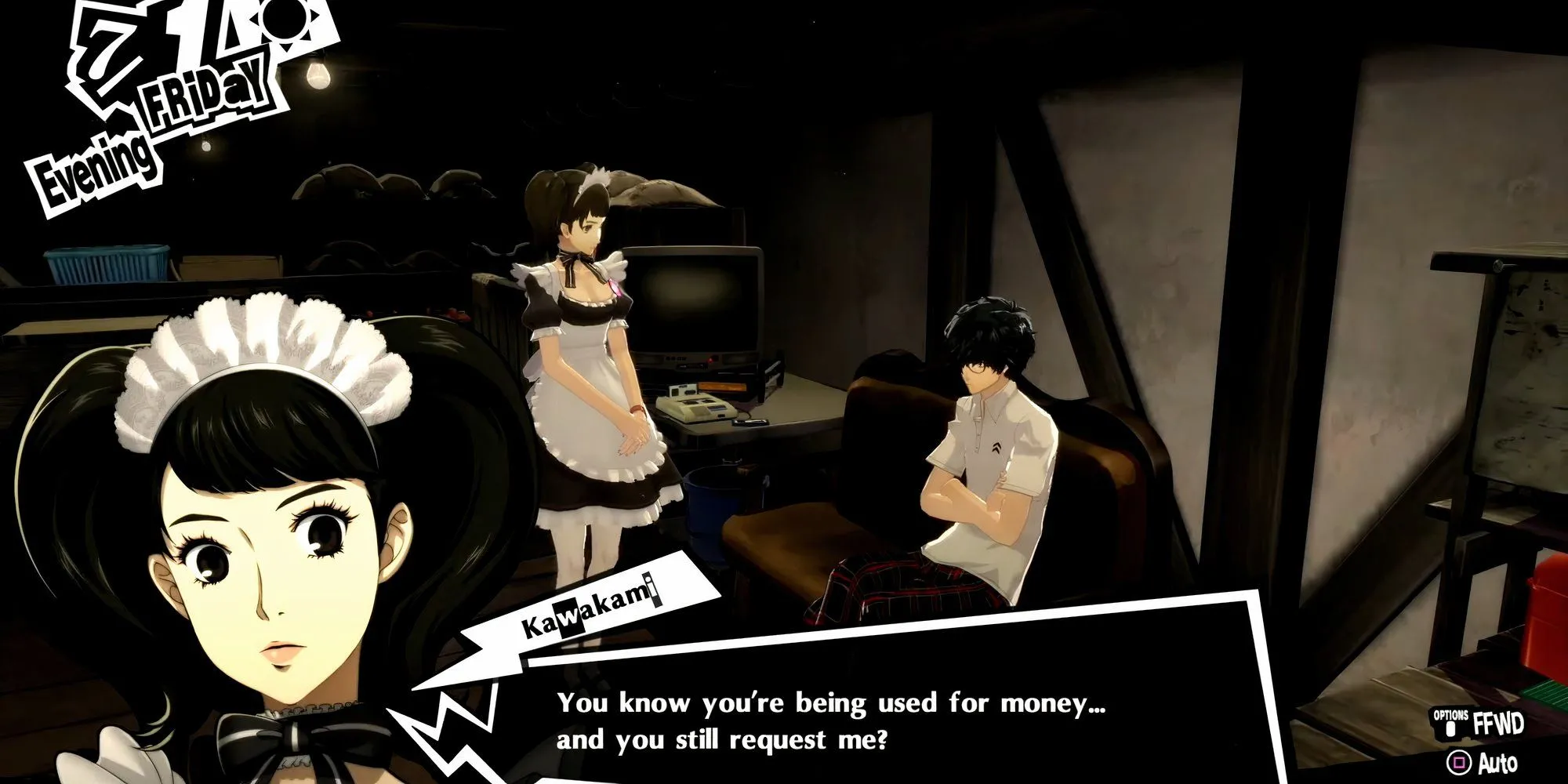 Kawakami nói chuyện với Joker trong quán cafe Leblanc trong Persona 5 Royal