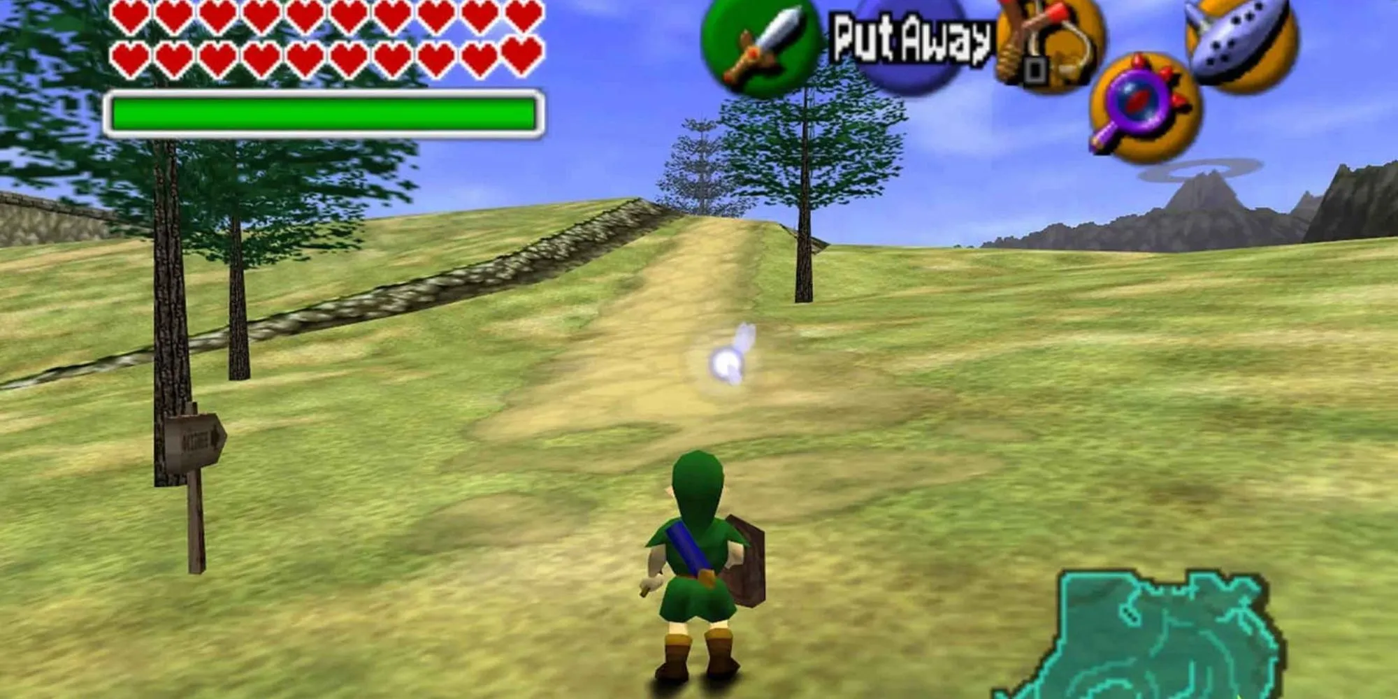 Khám phá vùng đất Hyrule rộng lớn trong Legend of Zelda: Ocarina of Time trên nền tảng Nintendo 64.