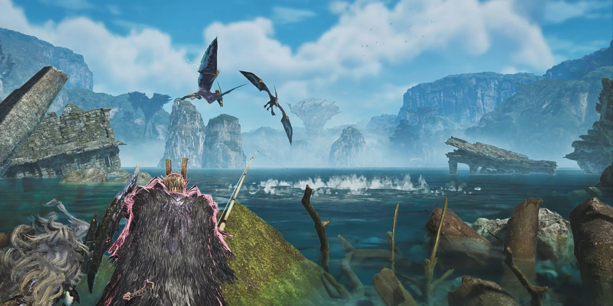 Khu vực câu cá tại Windward Plains trong Monster Hunter Wilds.