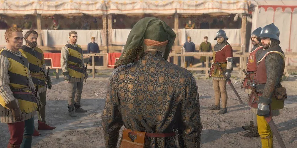 Khung cảnh bắt đầu giải đấu đấu kiếm tại Kuttenberg trong nhiệm vụ Ars Dimicatoria của Kingdom Come Deliverance 2