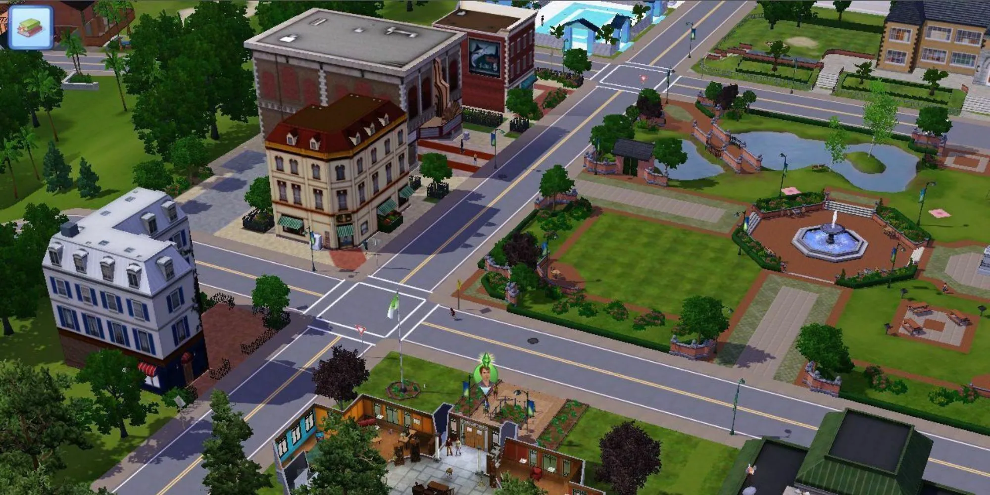 Khung cảnh một thị trấn trong The Sims 3 với Sim của người chơi được làm nổi bật ở gần giữa dưới cùng, bao gồm nhiều tòa nhà, công viên, đài phun nước và cầu qua ao.