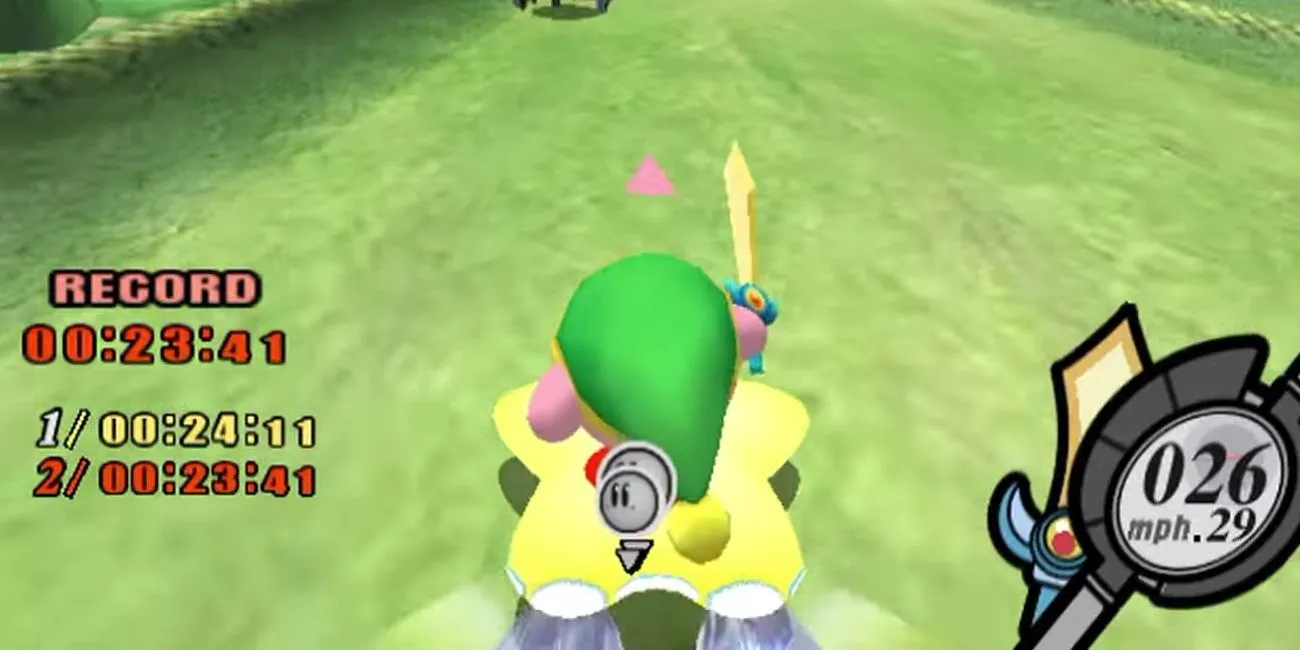 Kirby Air Ride với bối cảnh Fantasy Meadows đầy màu sắc