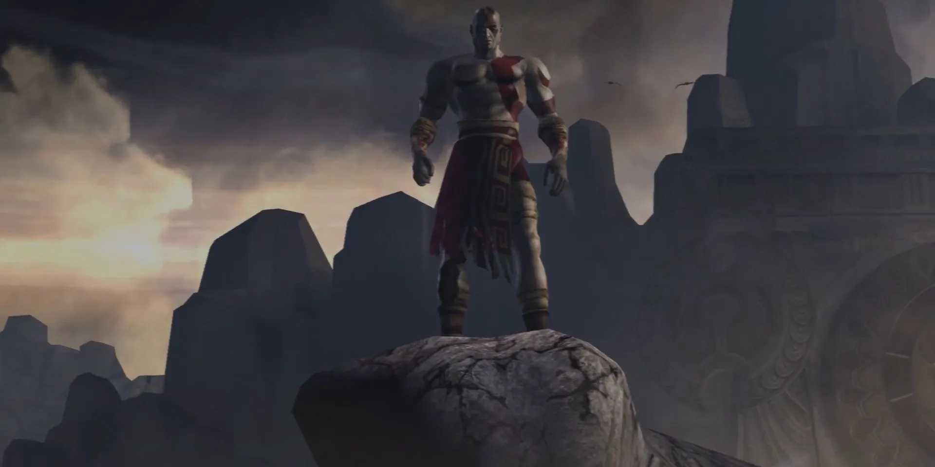 Kratos đứng trên mỏm đá nhìn xuống biển trong God of War 2005, chuẩn bị kết thúc cuộc đời