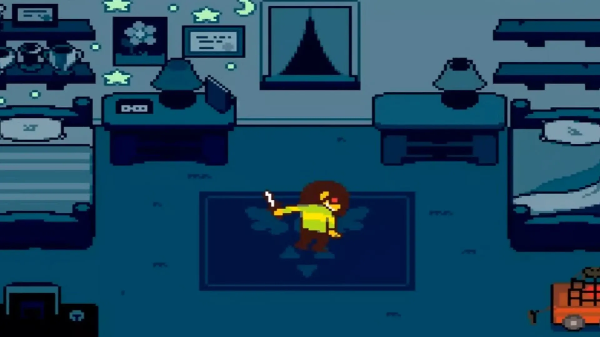 Kris ở cuối Deltarune Chapter 1 với linh hồn đỏ thẫm
