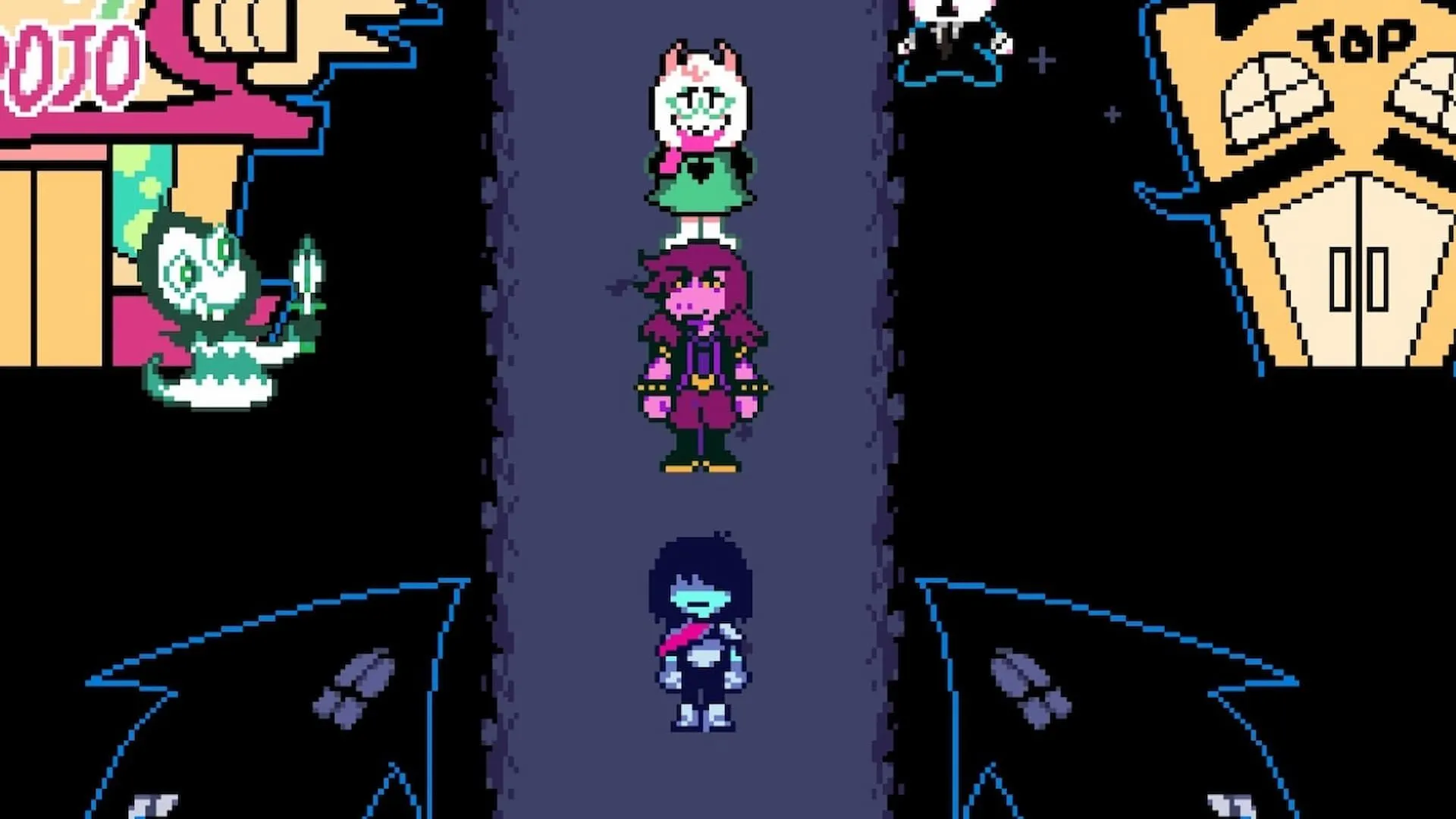 Kris, Ralsei và Susie đi dạo trong thị trấn ở Deltarune