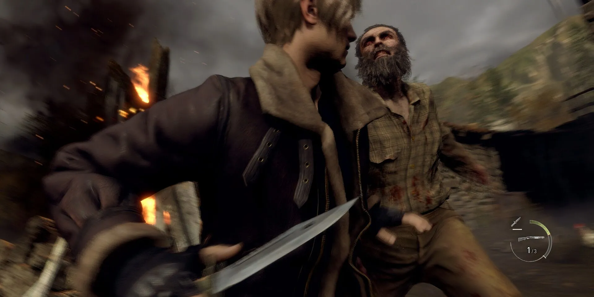 Leon Kennedy sẵn sàng dùng dao đỡ đòn trong Resident Evil 4 Remake