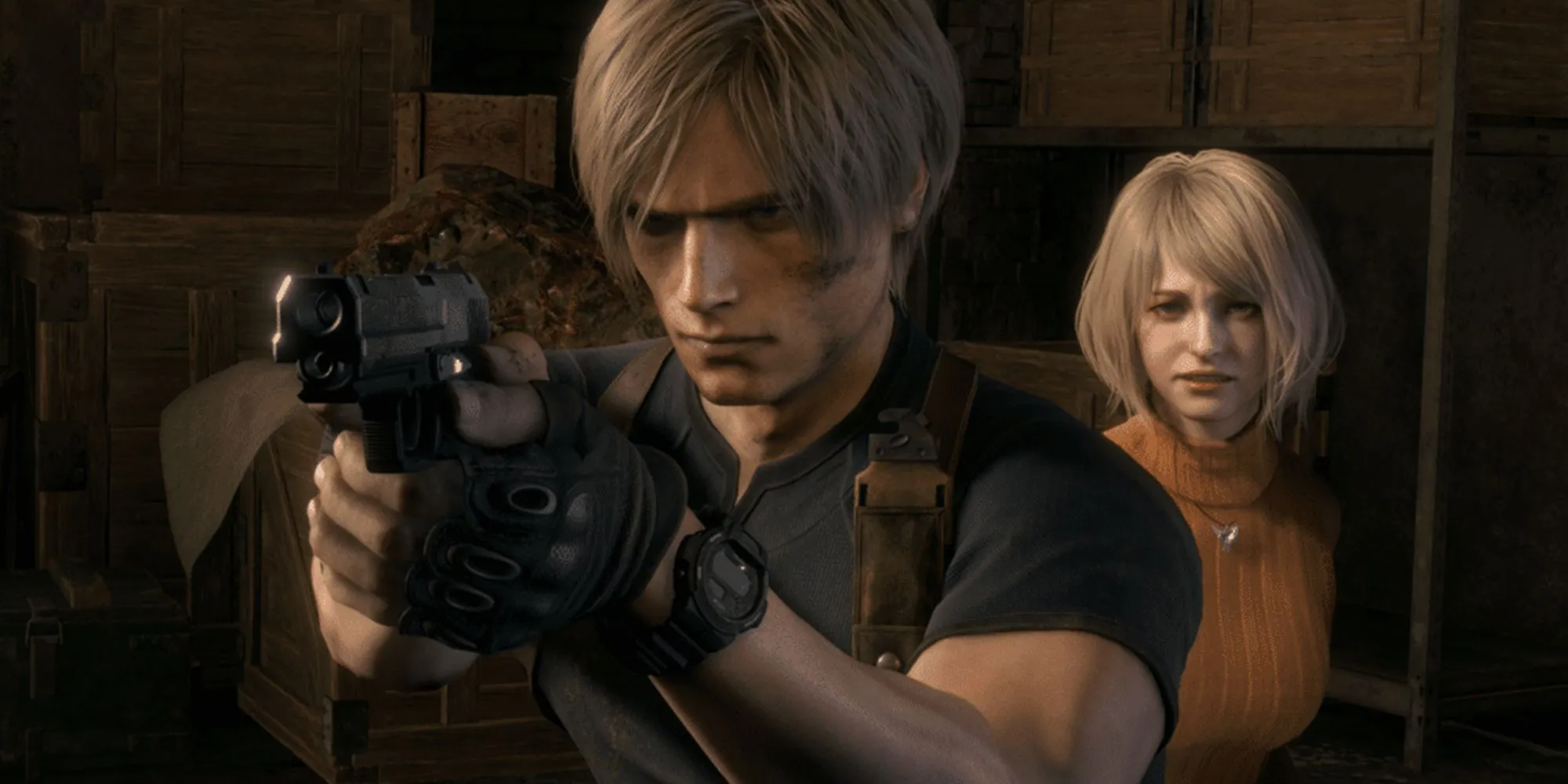 Leon S. Kennedy và Ashley Graham trong Resident Evil 4 Remake, đứng giữa khung cảnh hỗn loạn và nguy hiểm