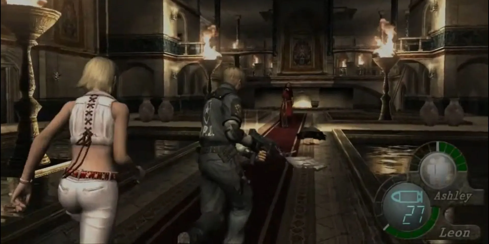 Leon và Ashley đối mặt với nguy hiểm trong Water Hall của Resident Evil 4 (2005)