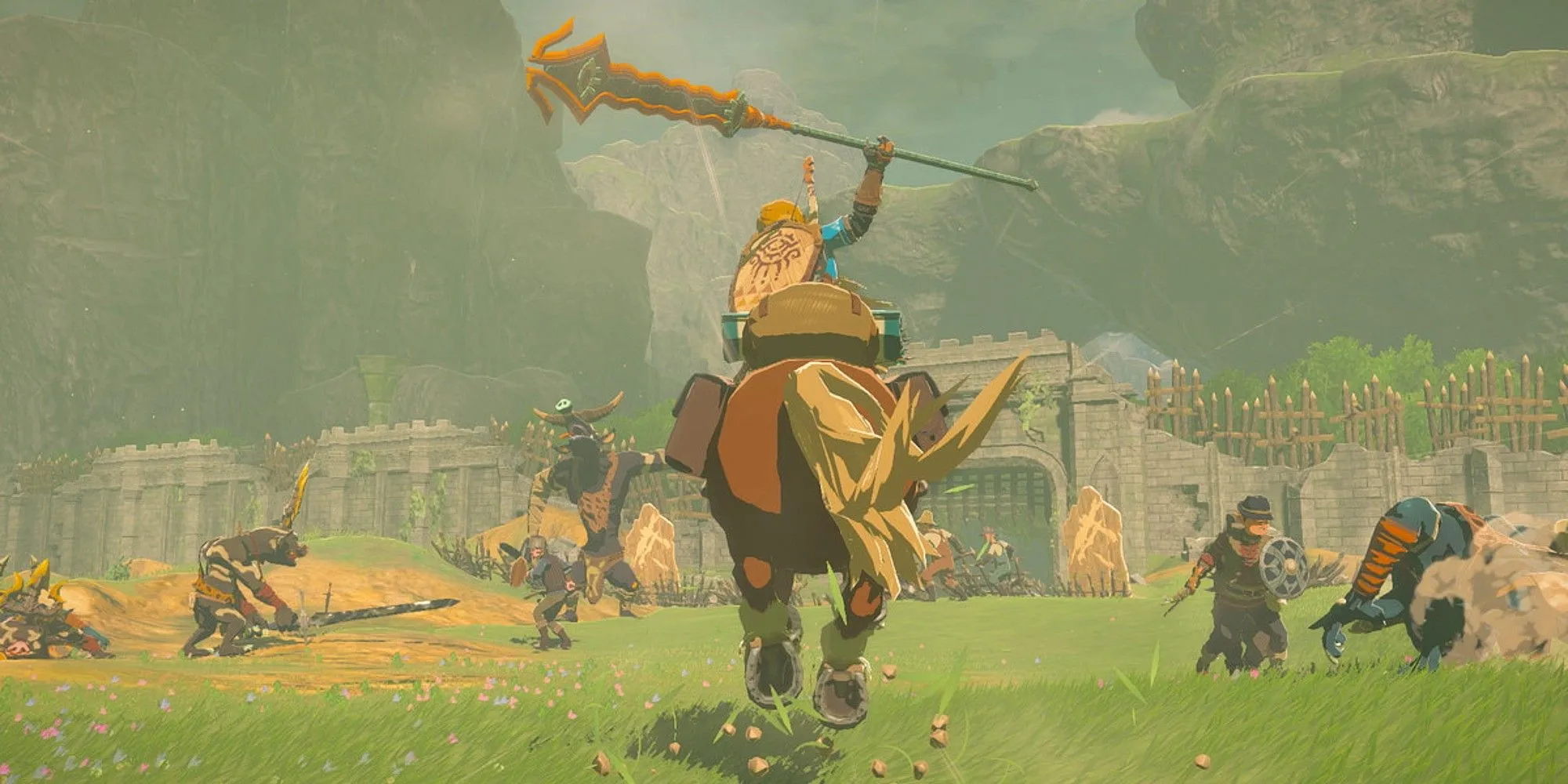 Link cưỡi ngựa khám phá thế giới rộng lớn trong The Legend of Zelda: Tears of the Kingdom, đối mặt với các yếu tố sinh tồn môi trường