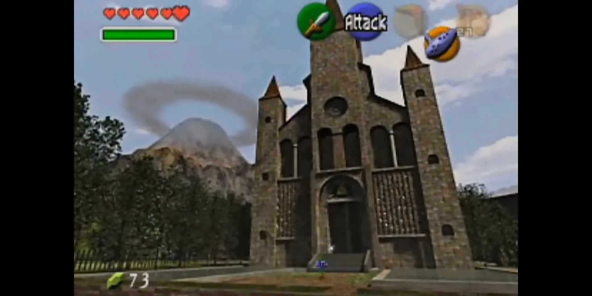 Link đứng trước Đền Thời Gian hùng vĩ với Núi Tử Thần phía xa trong Zelda Ocarina of Time - một ví dụ về nền dựng sẵn chi tiết