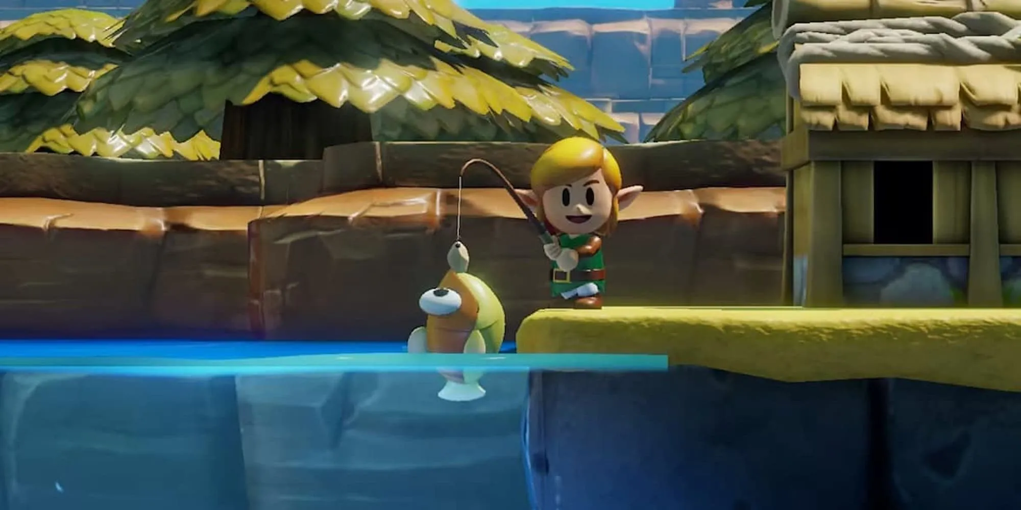 Link phiên bản chibi câu cá trong The Legend of Zelda Link's Awakening