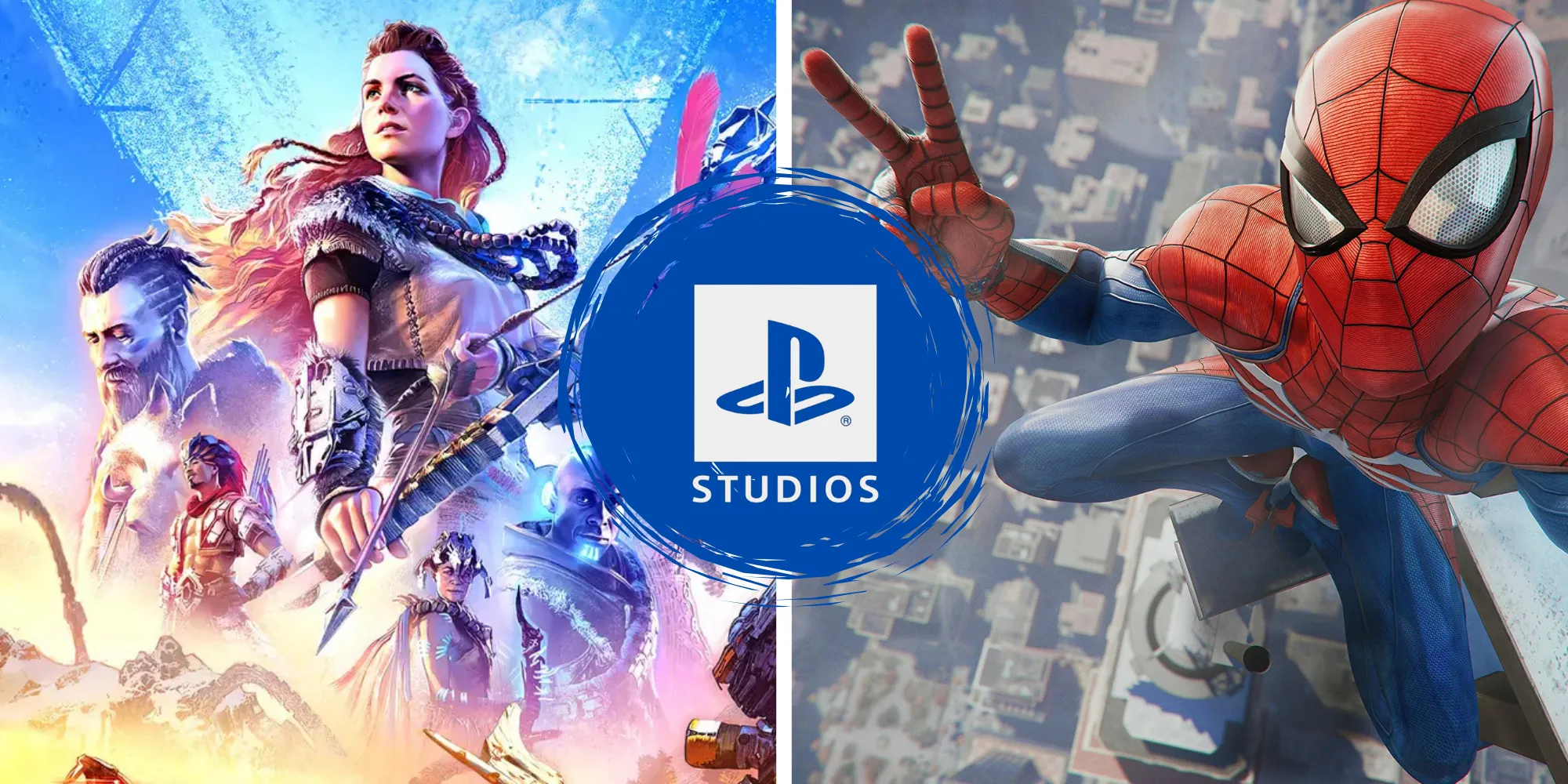 Logo PlayStation Studios trên nền các tựa game độc quyền PS5 thể hiện quy mô của cửa hàng game