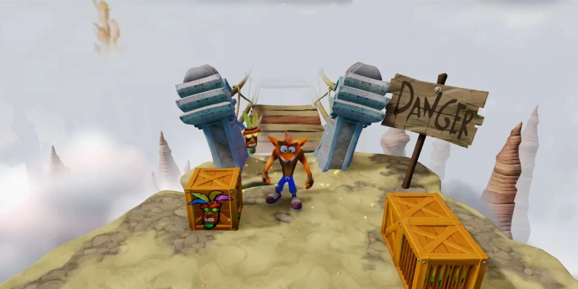 Màn chơi Road to Nowhere trong Crash Bandicoot 1 với cây cầu gỗ nguy hiểm