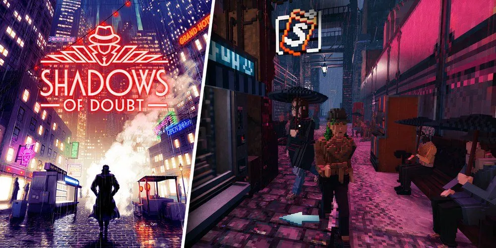 màn hình gameplay Shadows of Doubt với đồ họa pixel và phong cách cyberpunk