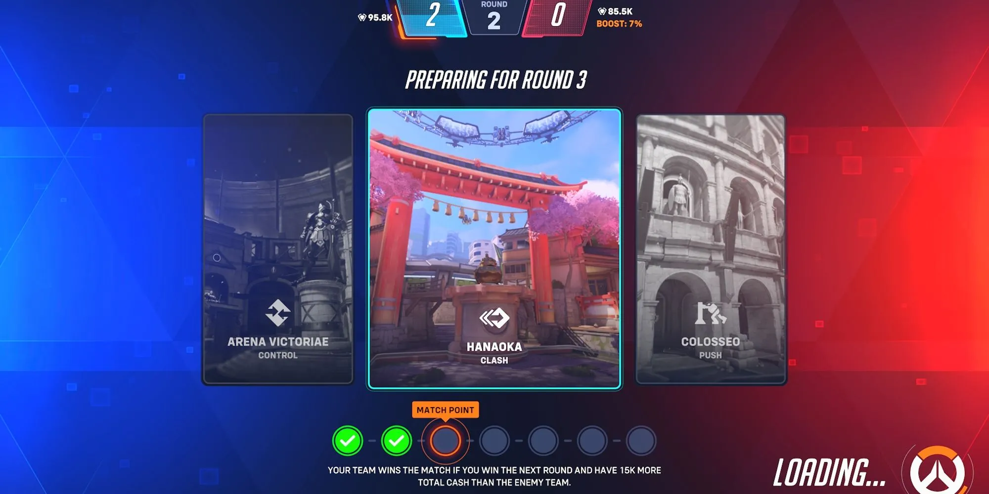 Màn hình giải thích luật Mercy Rule trong chế độ Stadium Overwatch 2