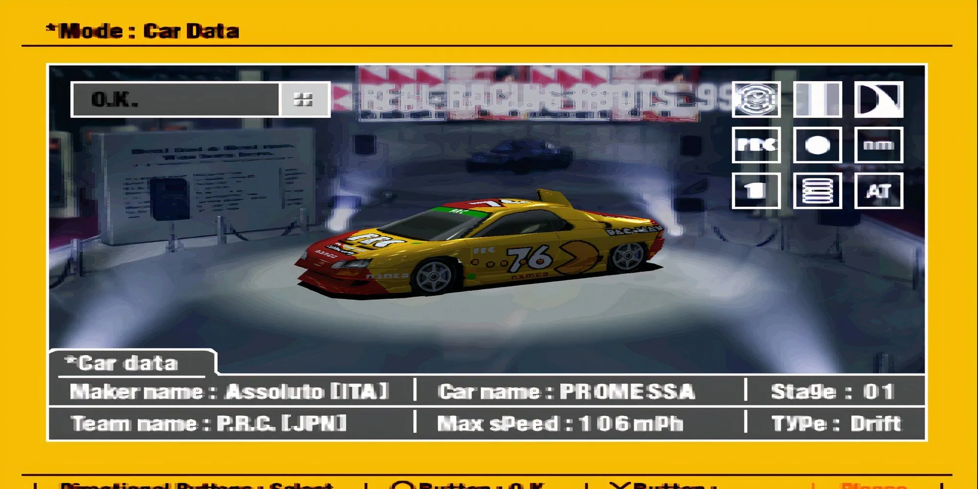 Màn hình lựa chọn xe trong game Ridge Racer Type 4 với nhiều mẫu xe thể thao