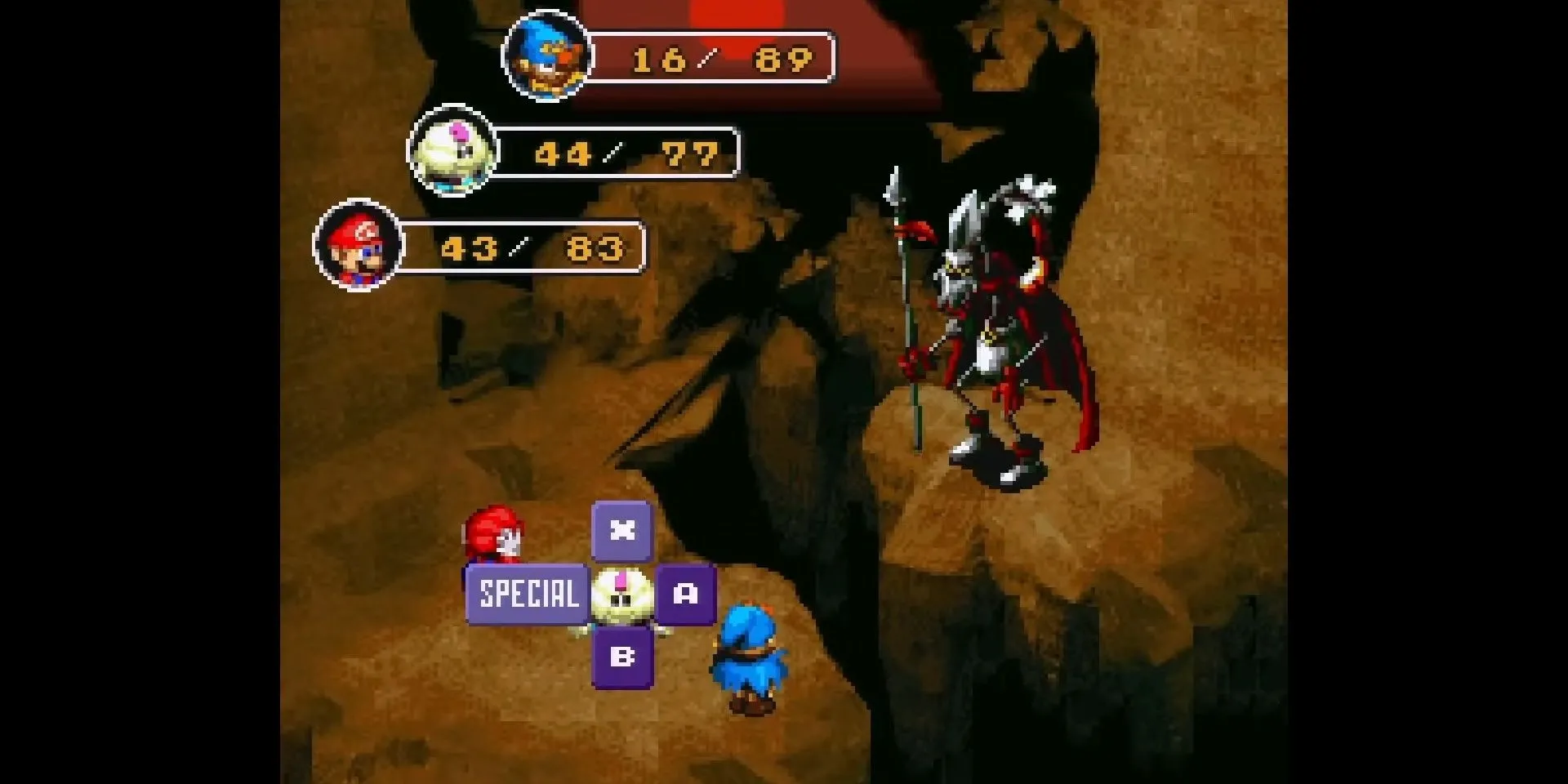 Mario chiến đấu với Yaridovich trong Super Mario RPG, nổi bật với nền chiến đấu dựng sẵn đầy màu sắc