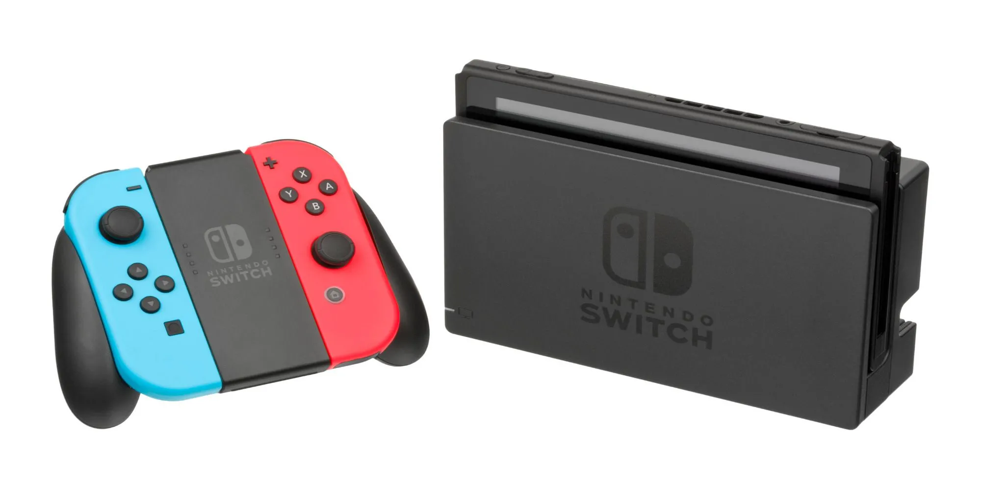 Máy chơi game Nintendo Switch với Joy-Con màu đỏ và xanh dương khi đang gắn vào dock