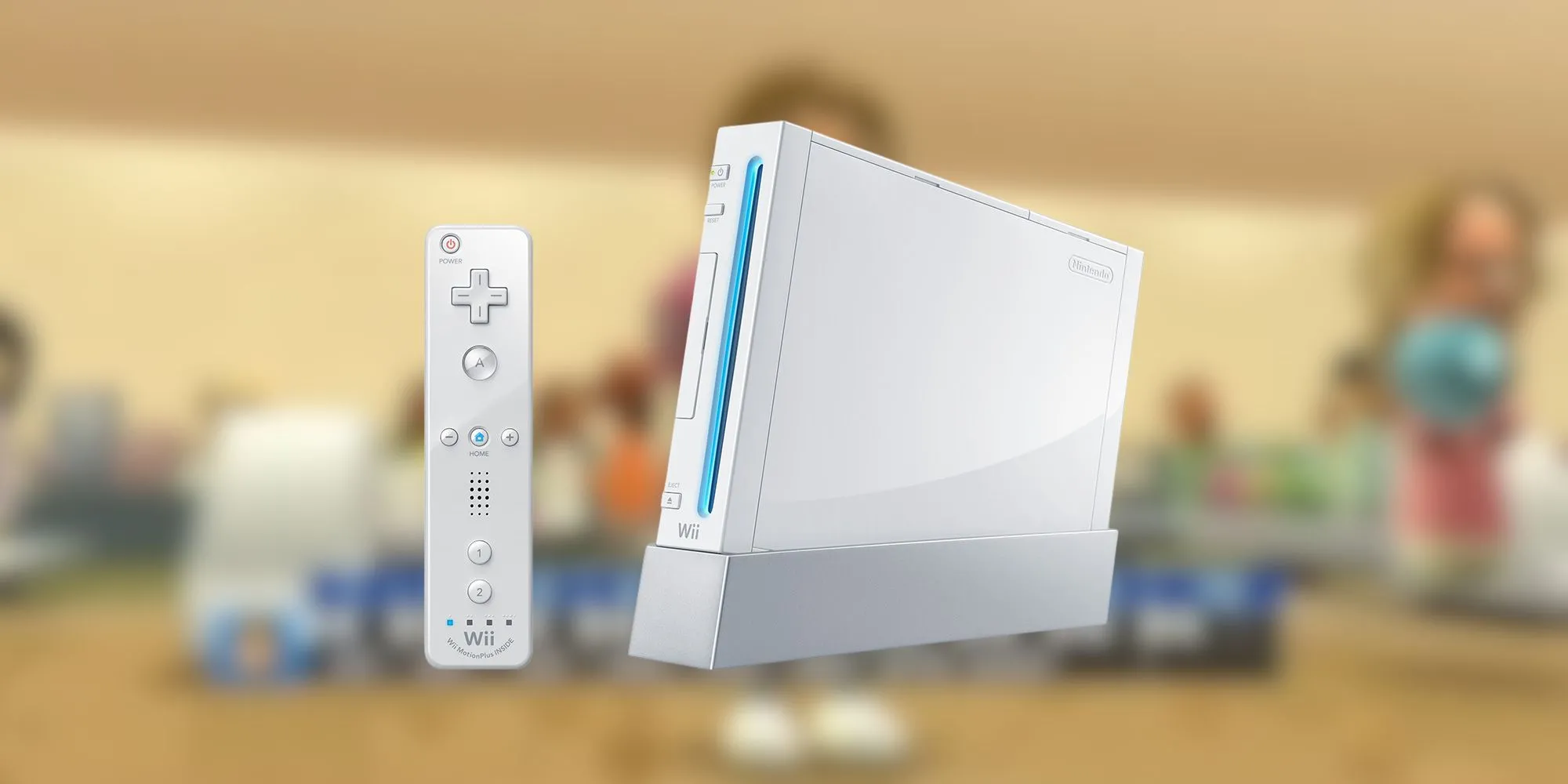 Máy chơi game Nintendo Wii màu trắng với thiết kế tối giản và Wiimote đặc trưng