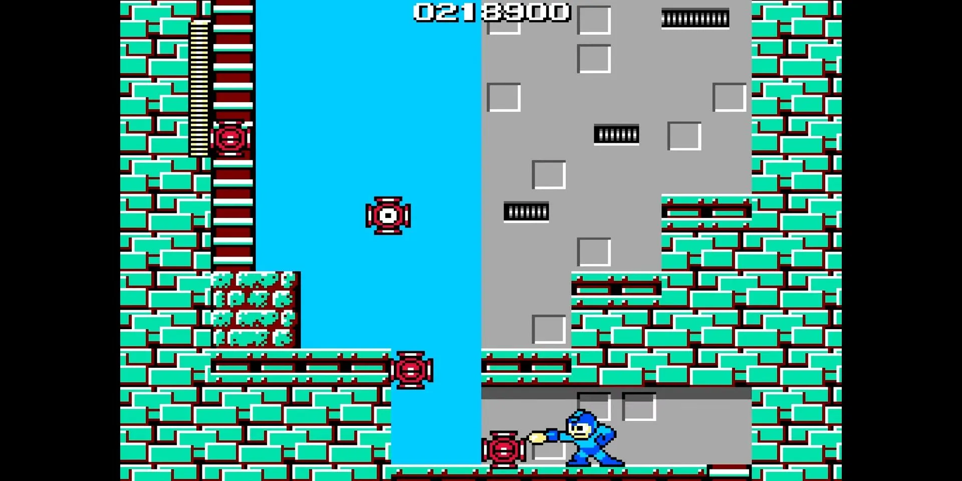 Mega Man bắn kẻ địch robot bằng buster trong màn chơi cổ điển