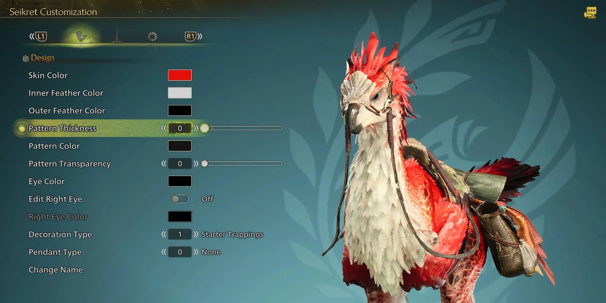 Menu tùy chỉnh thiết kế Seikret trong Monster Hunter Wilds cho phép thay đổi hoa văn và phụ kiện thú cưỡi.