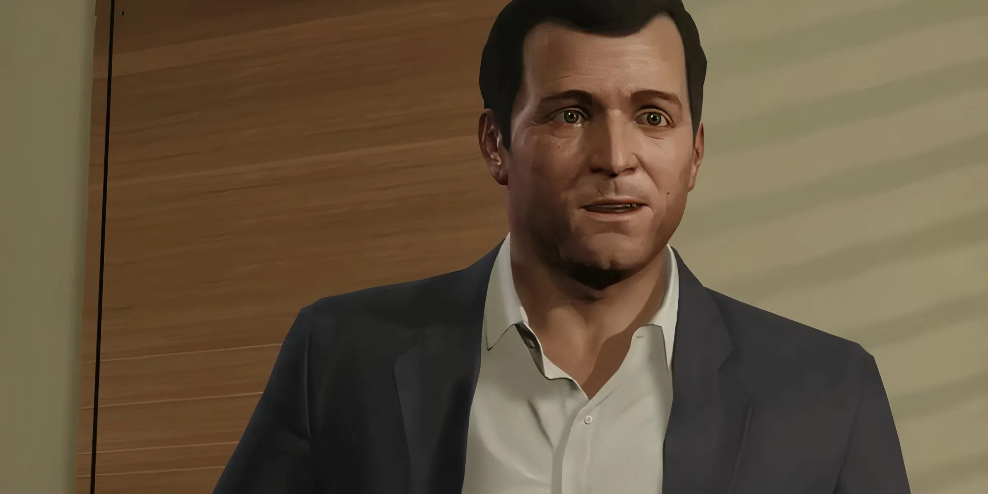 Michael De Santa đứng tựa lưng vào tường trong bối cảnh thành phố Los Santos, GTA 5 Enhanced trên PC Game Pass