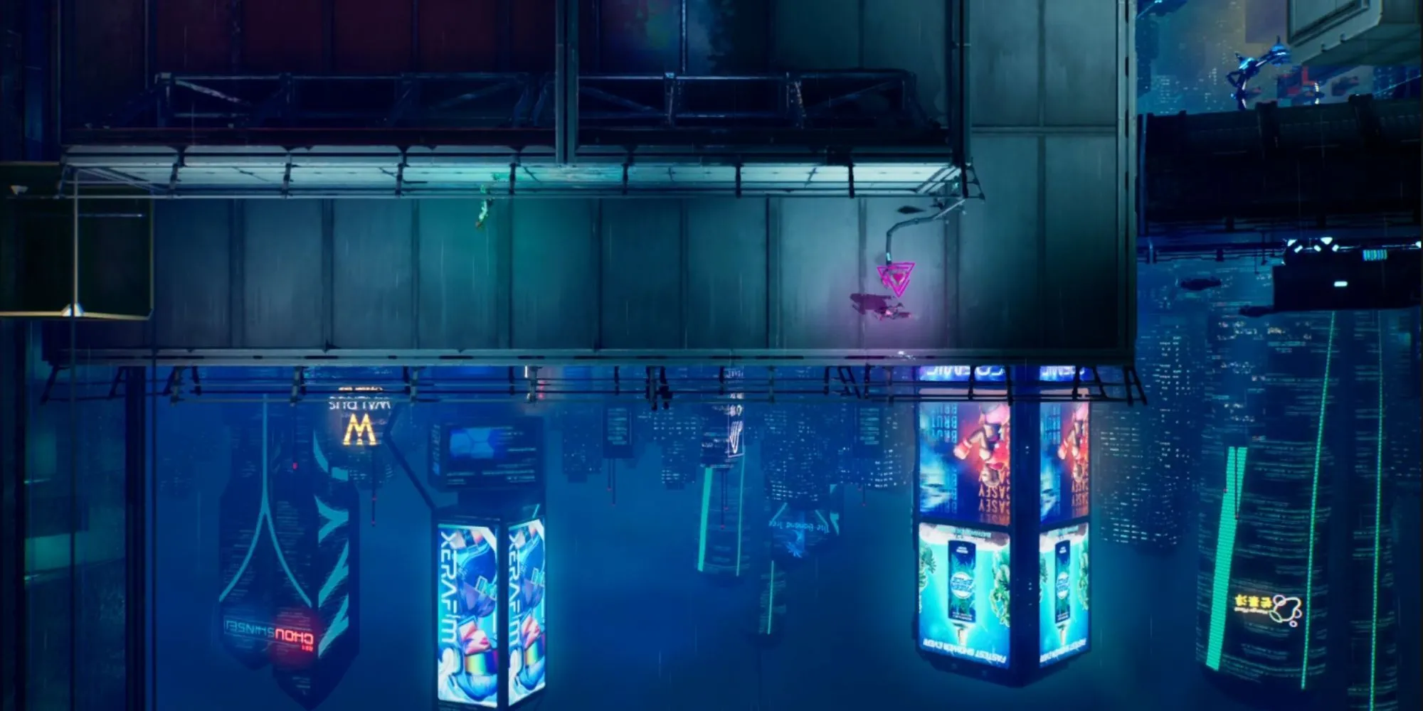 Mio đi trên tường bằng khả năng trọng lực trong Split Fiction Flipped Cityscapes