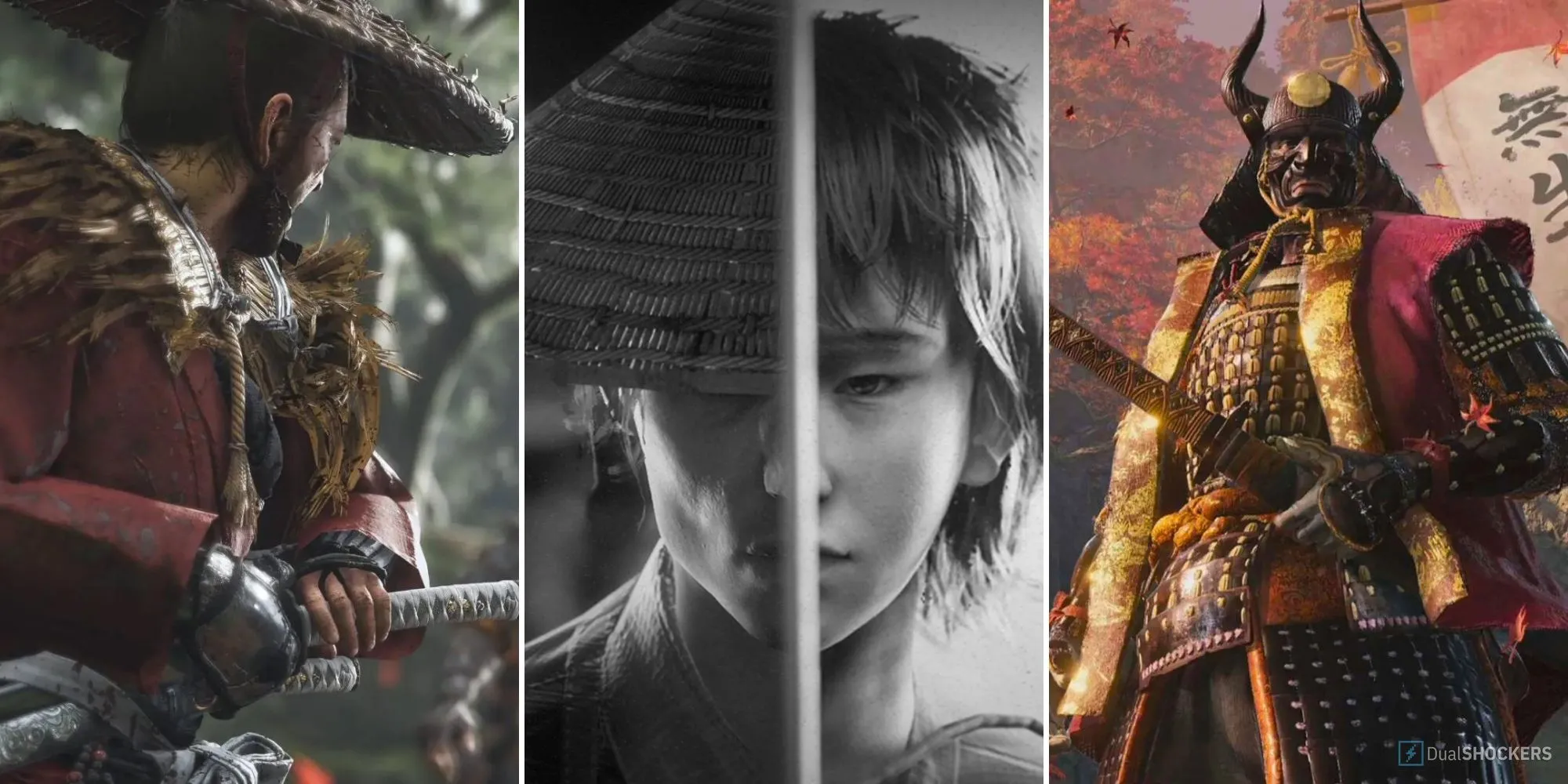 Mô tả hình ảnh các tựa game samurai nổi tiếng như Ghost of Tsushima, Trek to Yomi, Sekiro