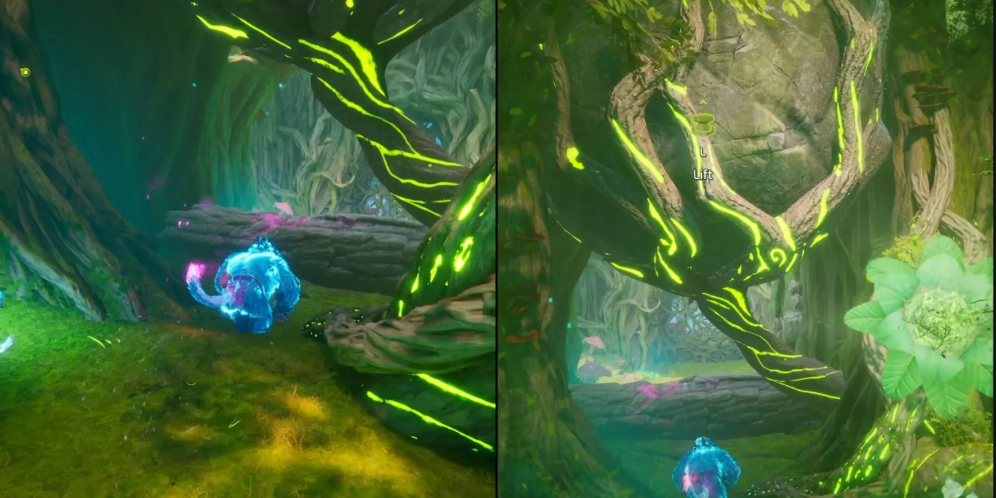 Mộc Tinh-Zoe dùng sức mạnh thực vật nâng đá, Vượn-Mio phá khúc gỗ trong màn chơi The Underlands của Split Fiction.