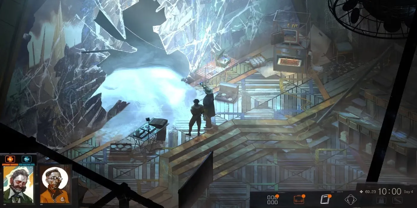 Một cảnh gameplay từ tựa game Disco Elysium với nhân vật chính đứng giữa đường phố u ám