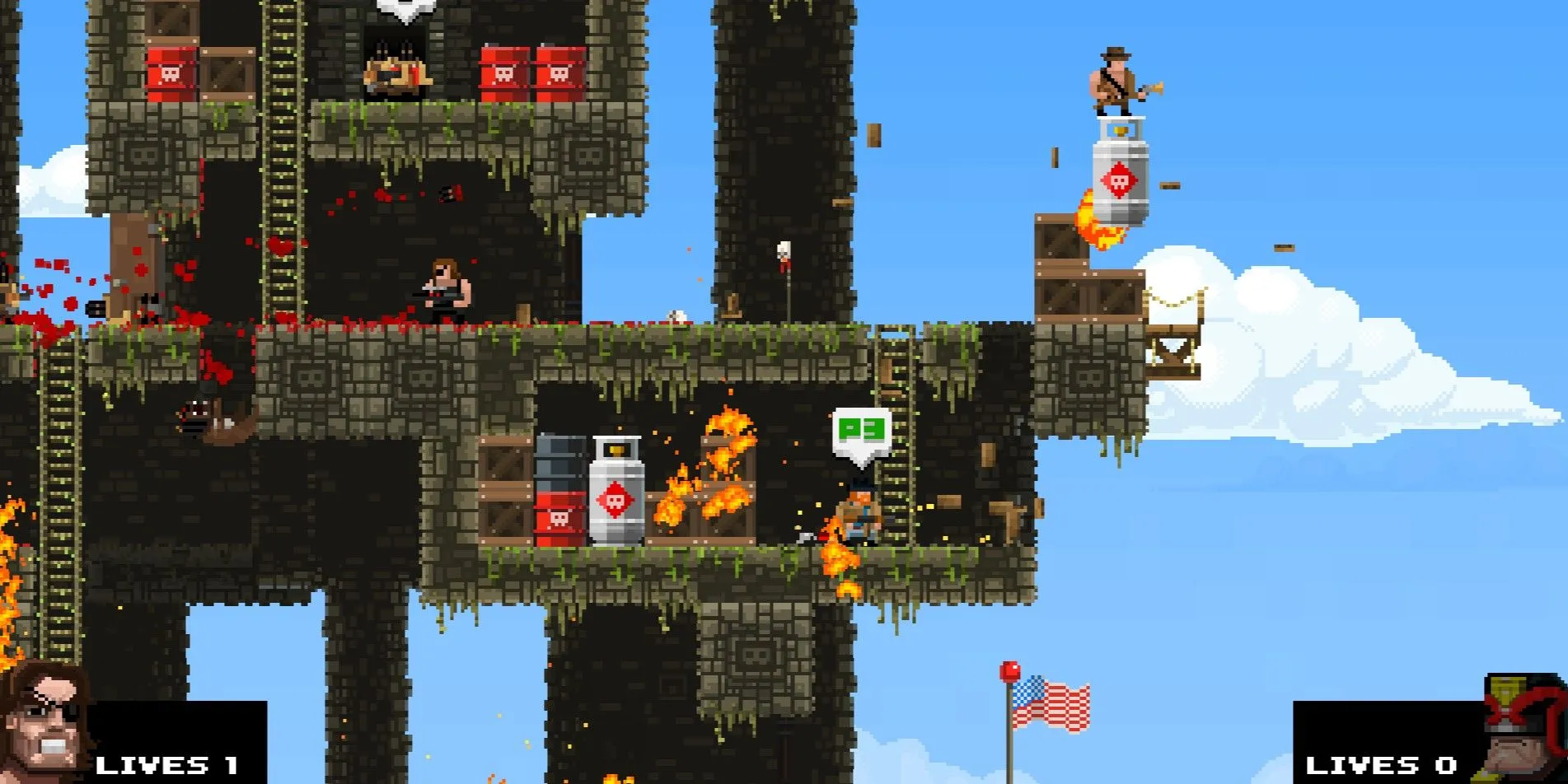 Một cảnh hành động cháy nổ trong Broforce với nhiều nhân vật và môi trường bị phá hủy