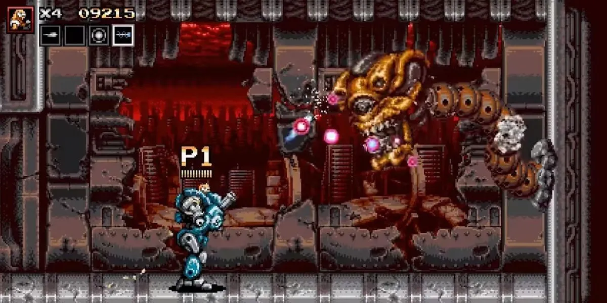 Một cảnh hành động hoành tráng trong Blazing Chrome với nhân vật chính và kẻ thù robot