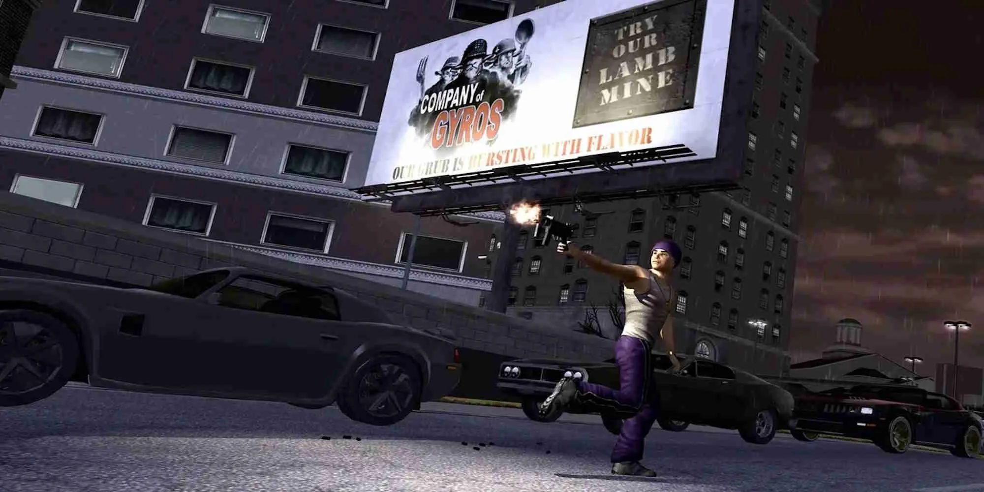 Một cảnh hành động hỗn loạn trong game Saints Row 2 với các nhân vật và phương tiện