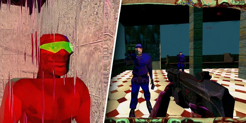 một cảnh từ game Cruelty Squad với đồ họa cực kỳ thô ráp và màu sắc khó chịu