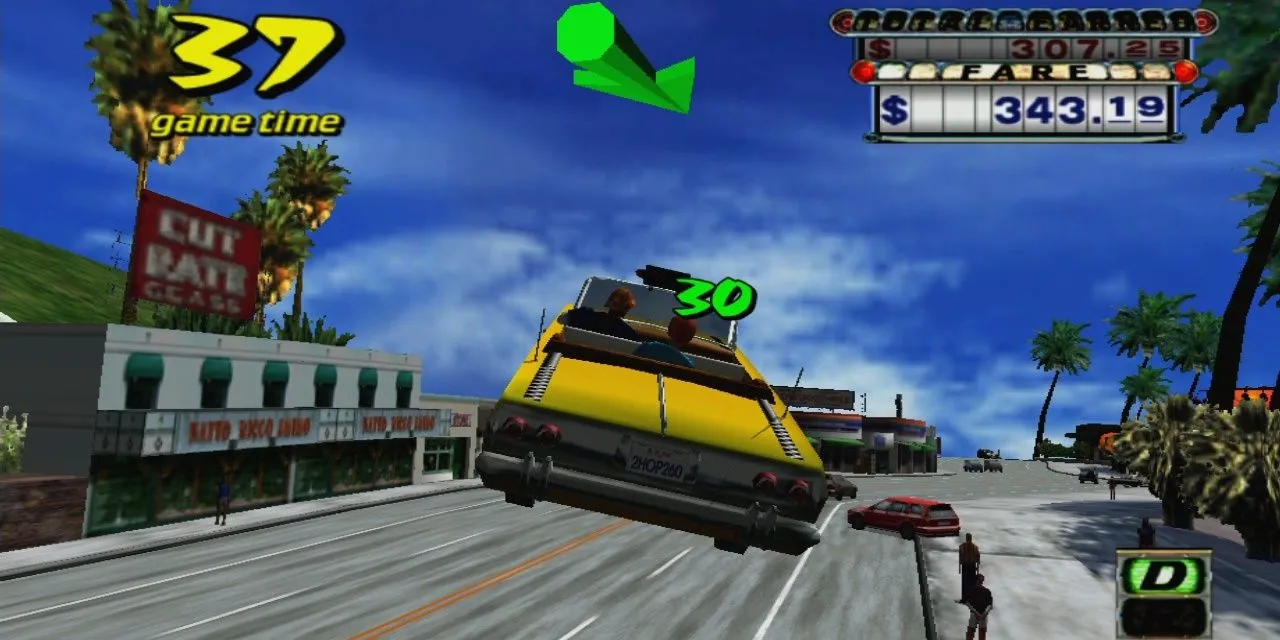 Một chiếc taxi đang bay khỏi một đoạn dốc trong game Crazy Taxi