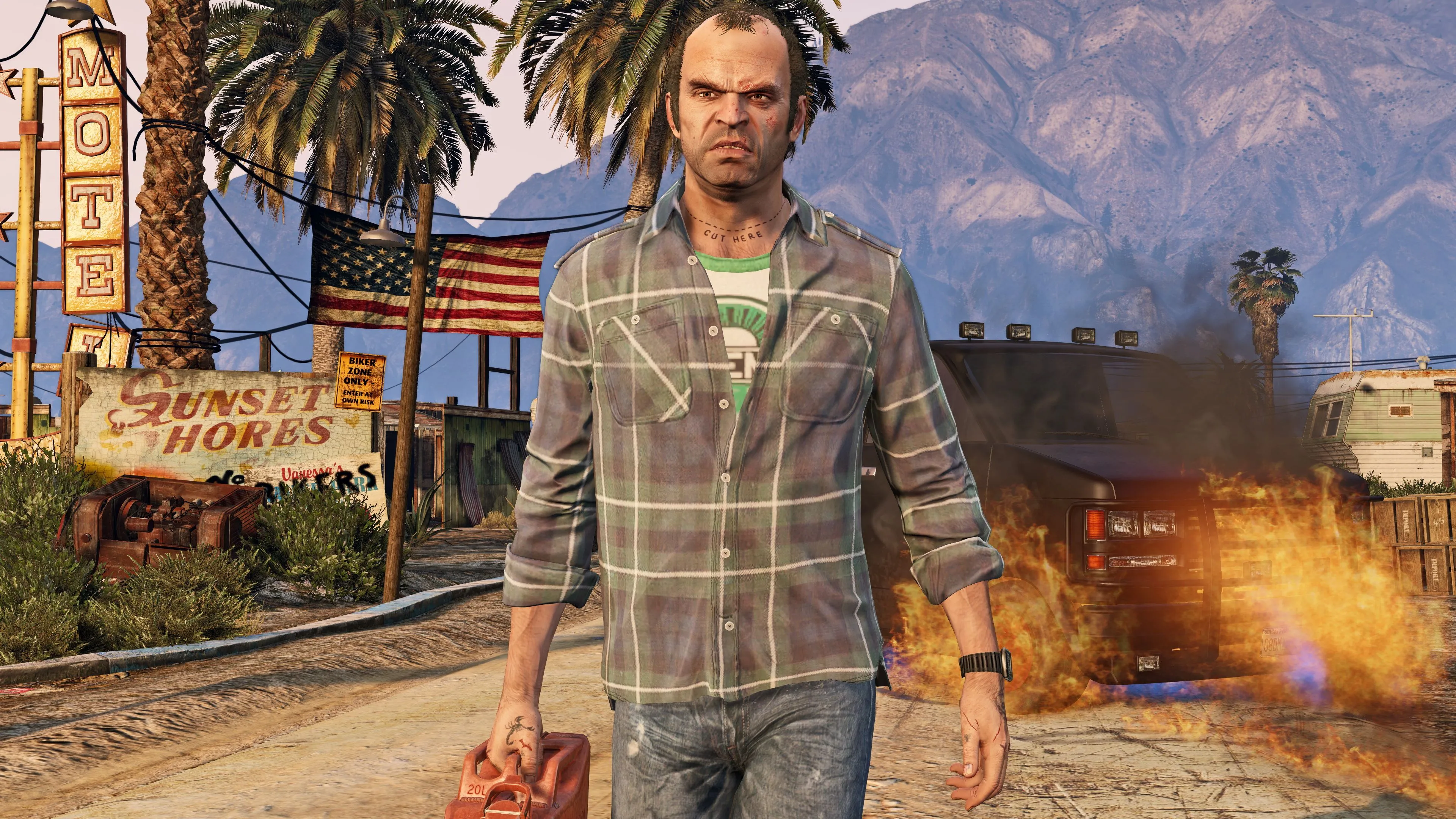 Một chiếc xe đang phóng nhanh trên đường cao tốc Los Santos về đêm trong GTA 5