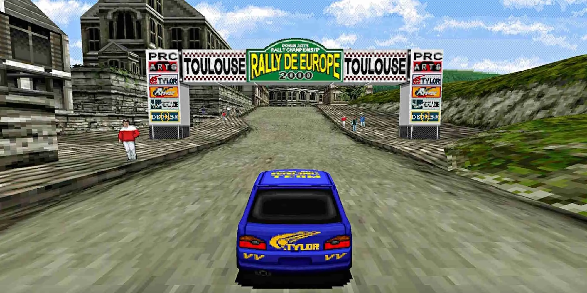 Một chiếc xe đua rally màu trắng đang thực hiện cú drift trên đường đua đất trong game Rally De Europe PS1